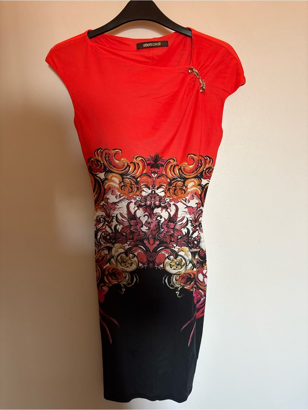 Roberto Cavalli Red and Black Baroque-Print Midi Dress
